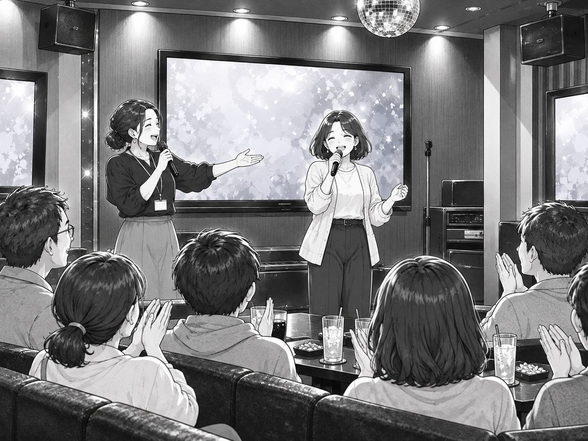 大部屋で運営の司会に紹介され、初参加の人がステージで歌っている様子