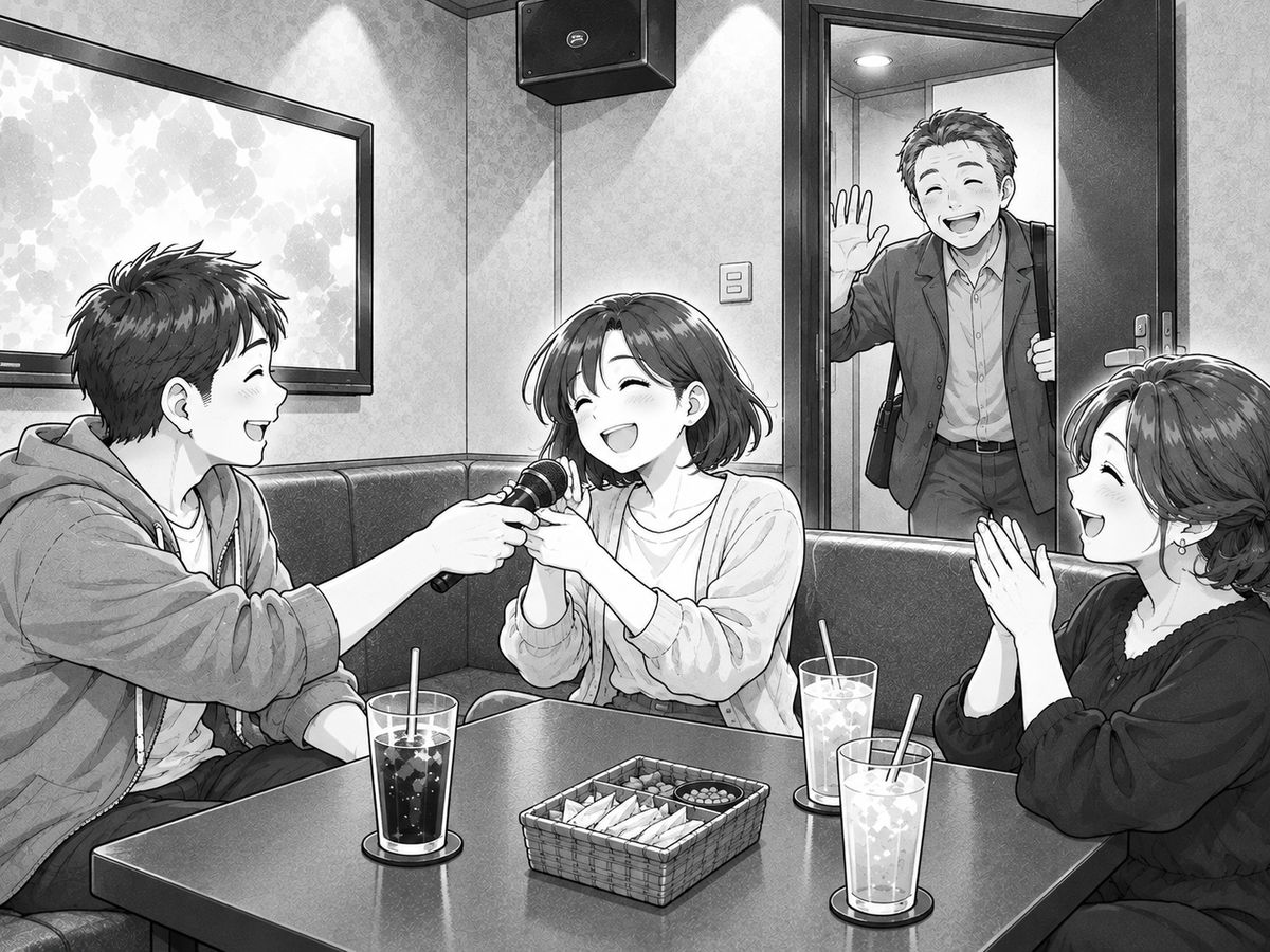 小部屋でマイクを手渡しながら順番に歌い、遅れて来たメンバーが手を振って合流する様子