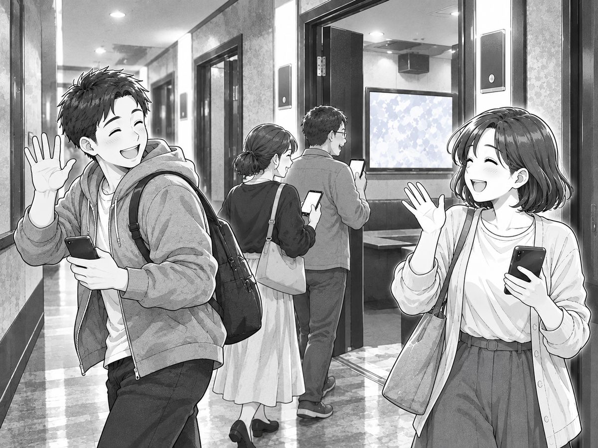 部屋替えの廊下で、先に帰る参加者が笑顔で手を振っている様子