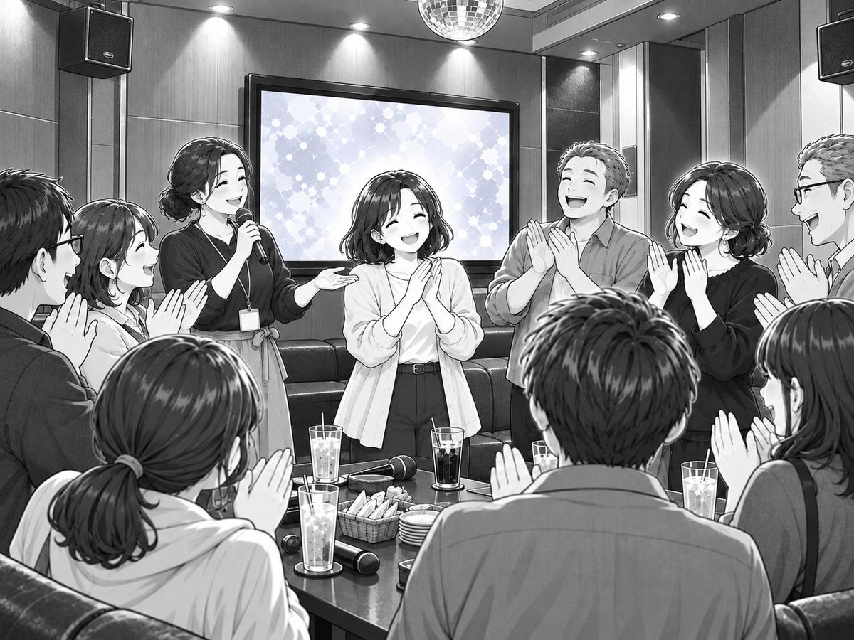 大部屋に集まり、運営のあいさつでみんなが拍手している中締めの様子