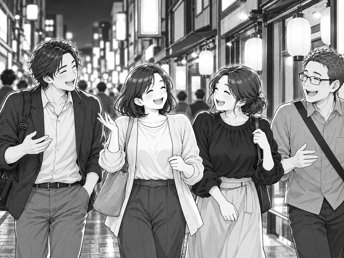 カラオケのあと、仲間と笑顔で話しながら夜の街を歩いている様子